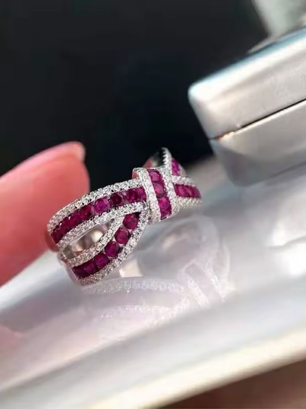 Silver Ring with Vivid Pink Gem Bow - Picture 3 of 5